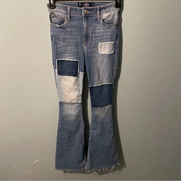 Hollister Patchwork Flare Jeans - Blue good condition 7/10 - Picture 1 of 9